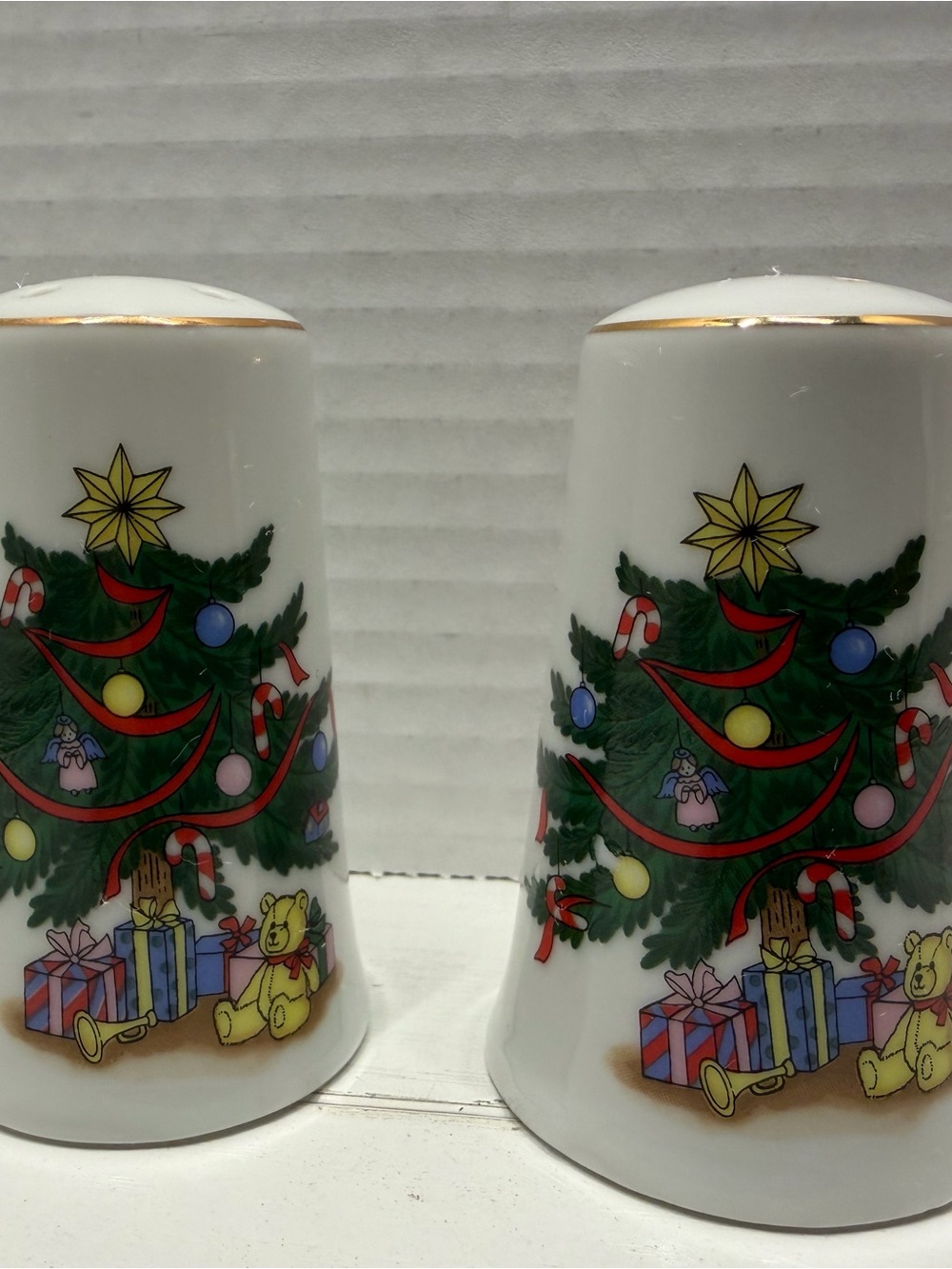 Vintage Christmas Salt and Pepper Shakers with Gold Trim Made in Japan